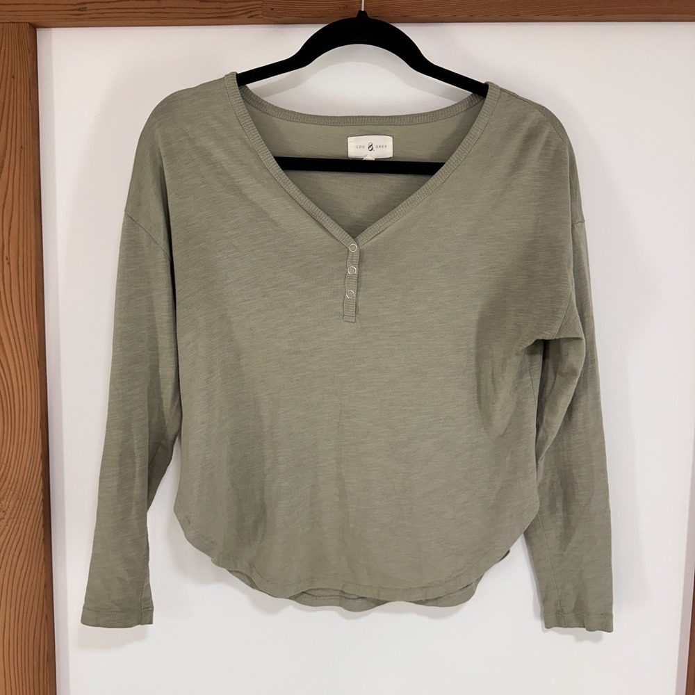 Lou & Grey Women's XS Olive Green Long Sleeve Henley Shirt Relaxed Soft Knit